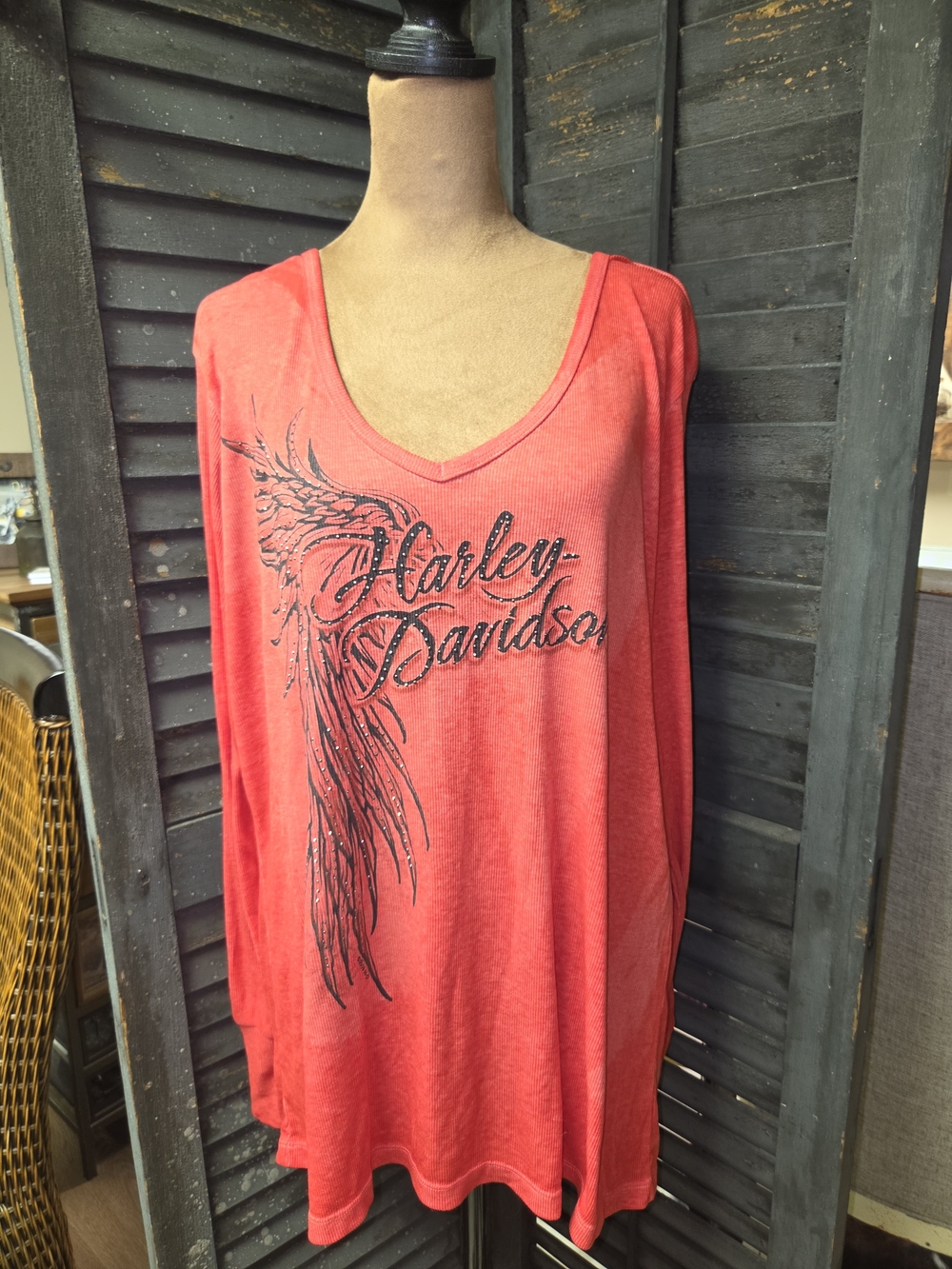 Harley-Davidson Women's Coral-Red V-Neck Long Sleeve Graphic Top